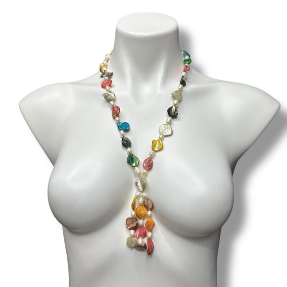 Freshwater Baroque Pearl Necklace Tassel Rainbow Multicolor Beach Ocean Wedding - Picture 13 of 14